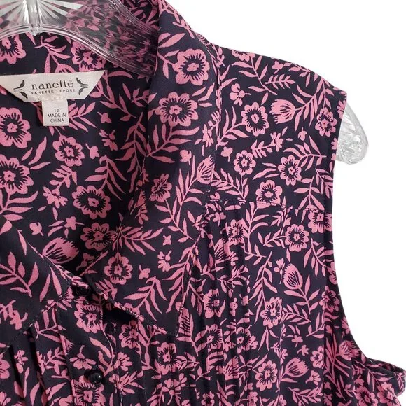 Nanette Lepore 12 Dress Floral Cottage Prairie Fit Flare Button Front Navy Pink - Picture 6 of 12